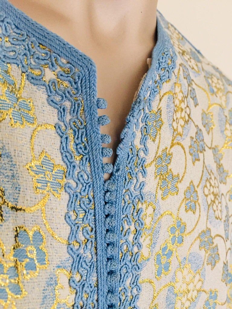Metallic Blue and Silver Brocade 1970s Maxi Dress Caftan, Evening Gown Kaftan