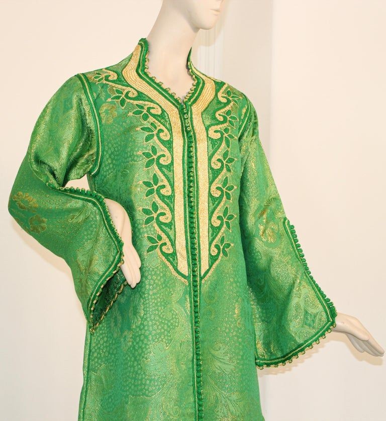 Elegant Moroccan Caftan Emerald Green and Gold Metallic Brocade