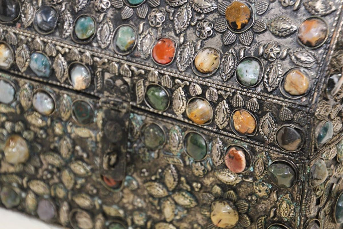 Large Moroccan Wedding Silvered Jewelry Box Inlaid with Semi-Precious Stones