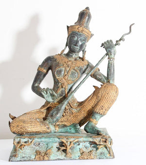 Asian Thai Gilt Vintage Bronze Statue of a Prince Playing Music