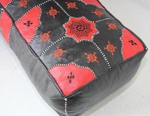 Vintage Moroccan Leather Rectangular Pouf in Red and Black