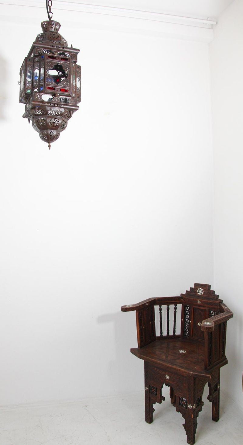 Vintage Moroccan Handcrafted Lantern Ceiling Light with Multi-Color Glass