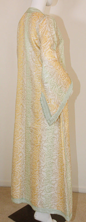 Vintage Moroccan Kaftan, Gold and Sage Damask Embroidered, ca. 1970s
