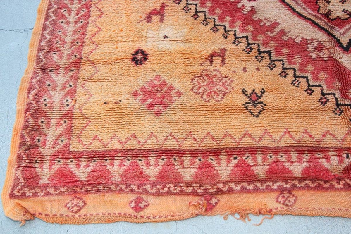 Vintage Moroccan Berber Rug in Saffron, Coral and Black, 71 x 145 in, 1960s