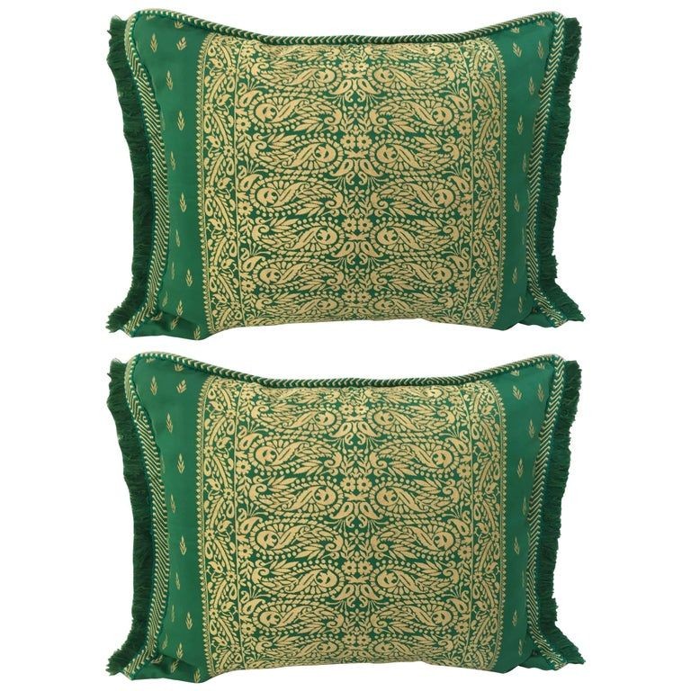 Large Pair of Moroccan Damask Green Bolster Lumbar Decorative Pillows