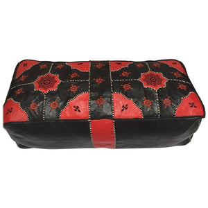 Vintage Moroccan Leather Rectangular Pouf in Red and Black