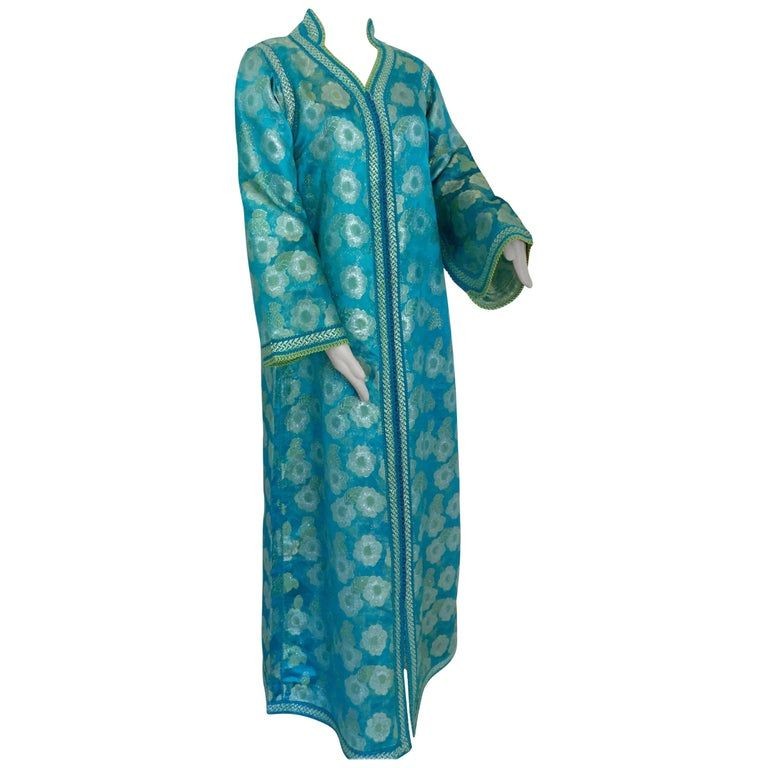 Moroccan Kaftan in Turquoise and Gold Floral Brocade Metallic Lame