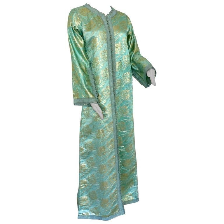 Moroccan Kaftan in Aqua and Gold Floral Brocade Metallic Lame