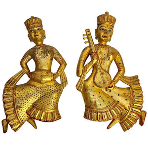 Hand Carved Wood Rajasthani Female Musicians Wall Sculptures from India Set of 2