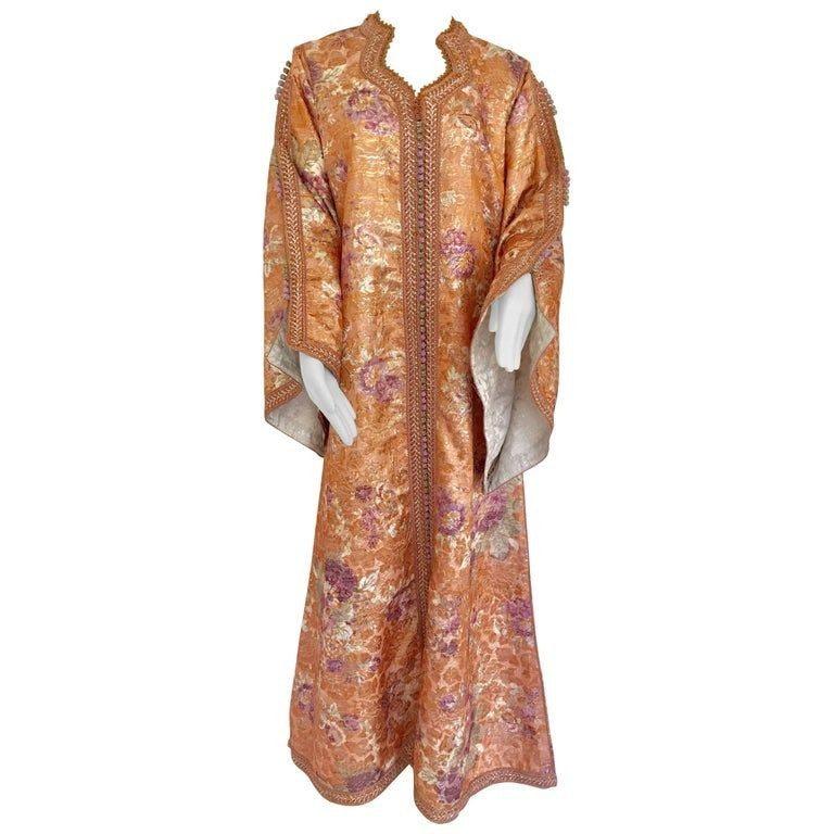 Moroccan Kaftan Orange and Purple Floral with Gold Embroidered Maxi Dress Caftan