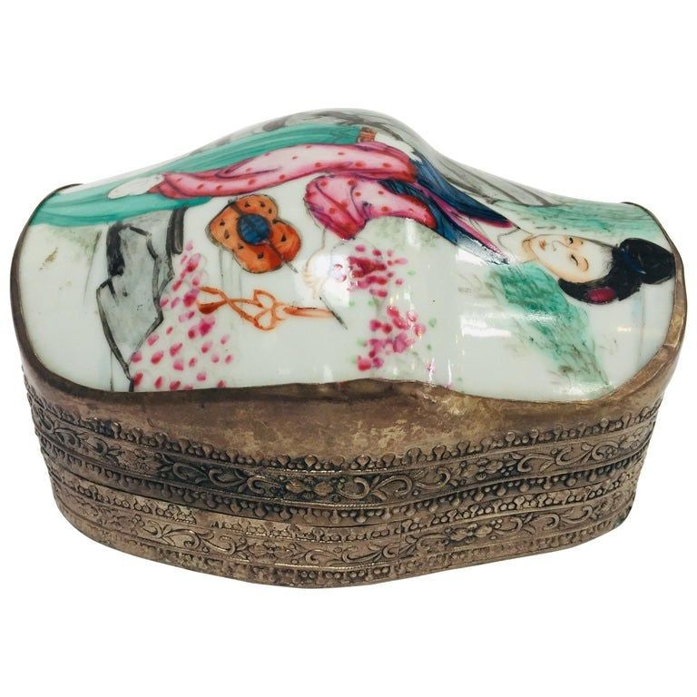 Vintage Trinket Metal Box with Porcelain Top Hand Painted Asian Scene