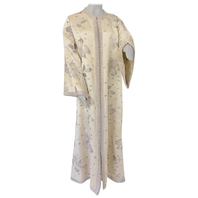 1960's Vintage Moroccan Caftan with Silver Metallic Floral Silk Brocade