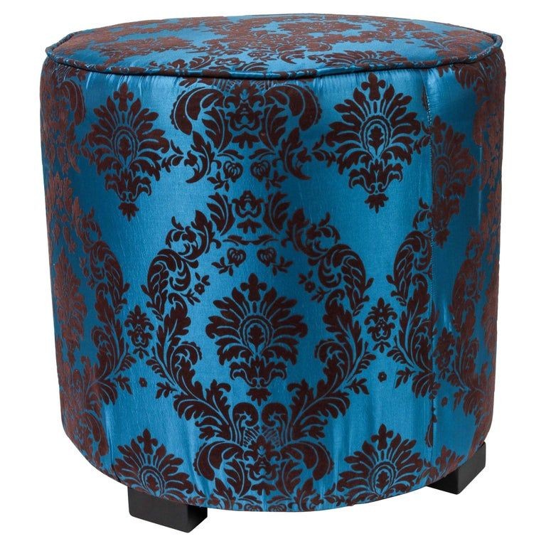 Vintage Moroccan Blue and Brown Cut Velvet Round Pouf Ottoman