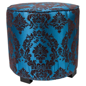 Vintage Moroccan Blue and Brown Cut Velvet Round Pouf Ottoman