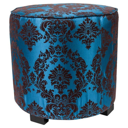 Vintage Moroccan Blue and Brown Cut Velvet Round Pouf Ottoman