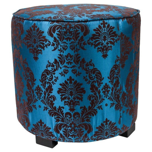 Vintage Moroccan Blue and Brown Cut Velvet Round Pouf Ottoman