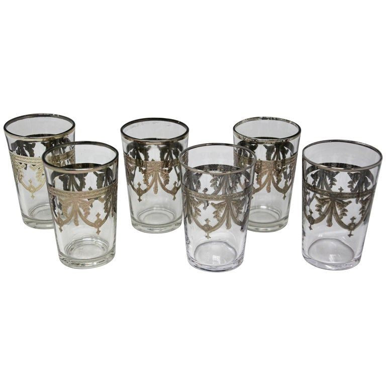 Moroccan Clear and Silver Overlay Shot Glasses Set of 6