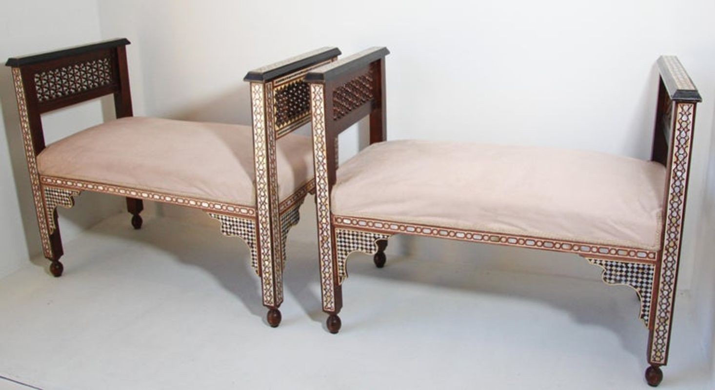 Antique Moroccan Benches with Mosaic White Shell Inlay a Pair