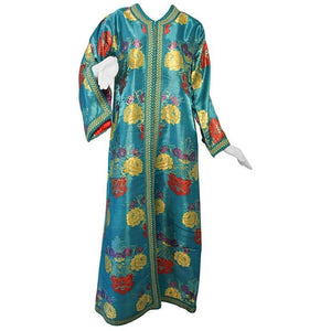 Elegant Moroccan Caftan in Blue Metallic Floral Brocade