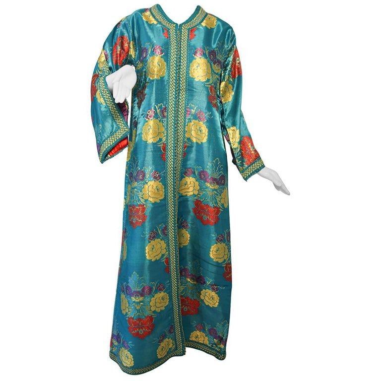 Elegant Moroccan Caftan in Blue Metallic Floral Brocade