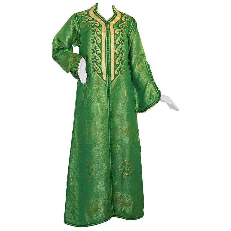 Elegant Moroccan Caftan Emerald Green and Gold Metallic Brocade