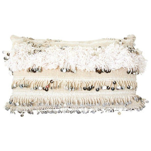 Vintage Moroccan White Pillow with Silver Sequins and Long Fringes