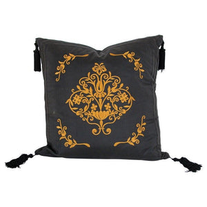 Embroidered Black Silk Decorative Throw Pillow with Tassels
