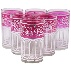 Set of Six Pink Glasses with Silver Raised Moorish Design