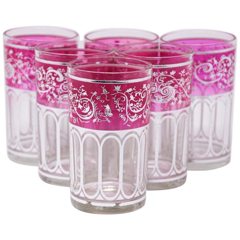 Set of Six Pink Moroccan Glasses with Silver Raised Moorish Design