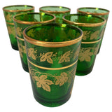 Set of Six Handblown Italian Moorish Green with Gold Shot Glasses