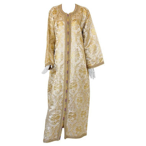 Moroccan Vintage Caftan in Gold Metallic Brocade, Maxi Gown Dress Kaftan