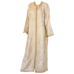 Elegant Moroccan White Caftan with Gold Metallic Floral Brocade