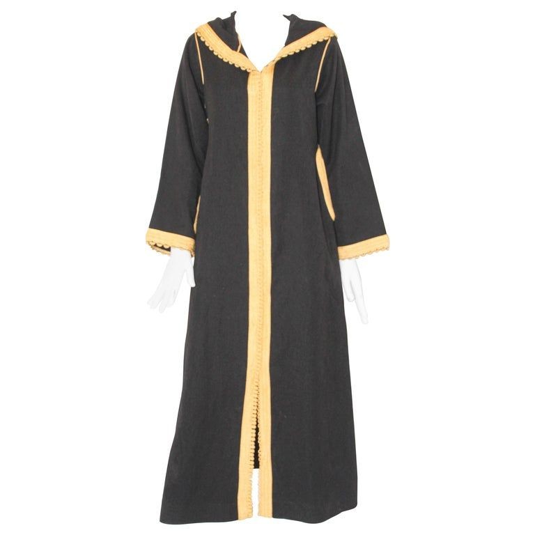 Vintage Moroccan Caftan, Hooded Black and Gold Trim Kaftan Circa 1970's