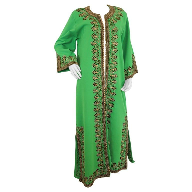 Vintage Moroccan Kaftan Green Maxi Dress circa 1970 Size L - E-mosaik Vintage Moroccan Kaftan Green Maxi Dress circa 1970 Size L - E-mosaik