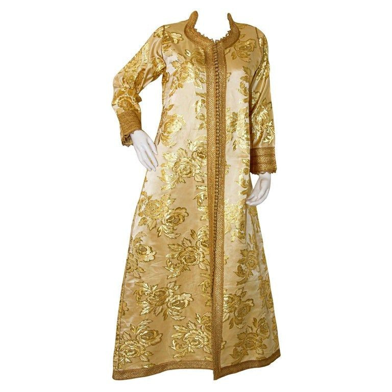 Moroccan Caftan Gold Damask Embroidered, Vintage, 1960s