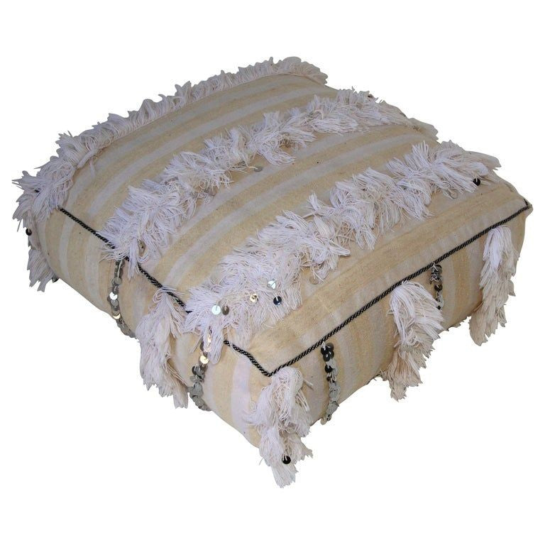 Moroccan White Floor Pillow with Silver Sequins and Long Fringes