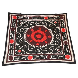 Vintage Samarkand Suzani, Uzbekistan Embroidered Textile Red and Black