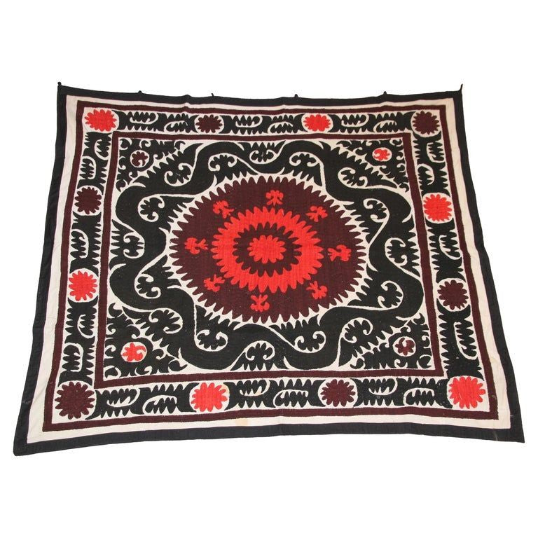 Vintage Samarkand Suzani, Uzbekistan Embroidered Textile Red and Black