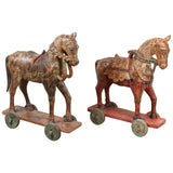 Pair of Monumental Indian Polychrome Carved Wood Horses on Wheels, 19th C.