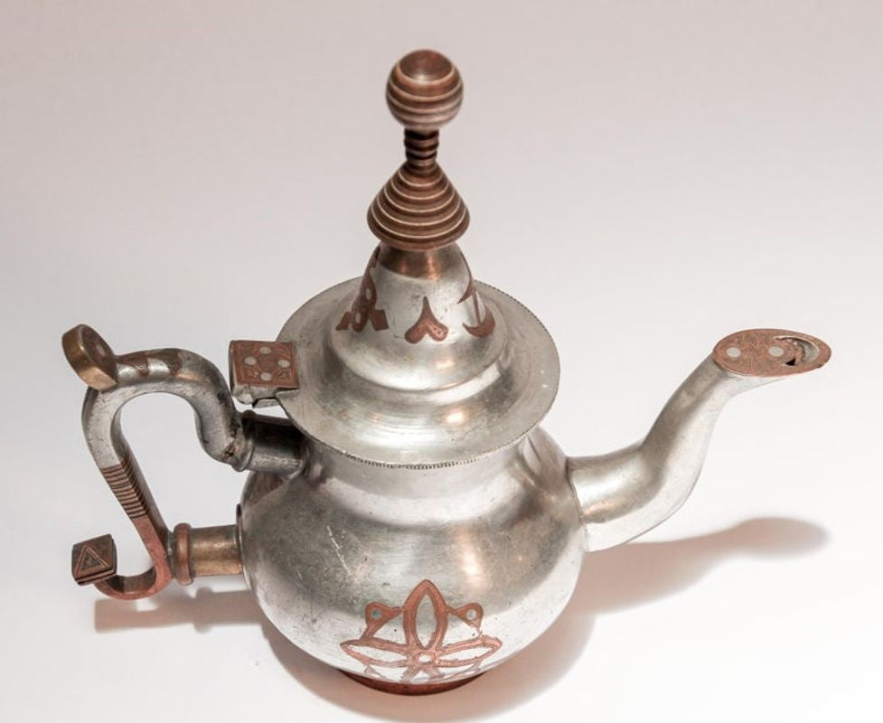 Handcrafted Tuareg Tea Pot, Pewter with Brass & Copper, 1950s