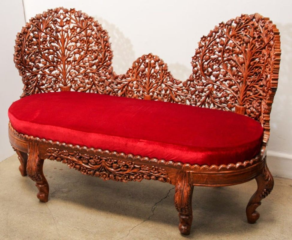 Anglo-Raj Settee with Open Back Hand Carved Tree of Life Back
