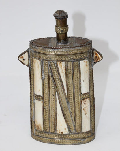 Moroccan Berber Tuareg Brass Powder Flask, Hand-Carved Folk Art, 1920