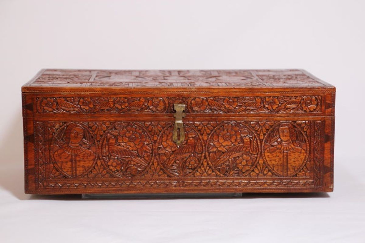 Large Early 19th Century Antique Hand Carved Wooden Mughal Decorative Box