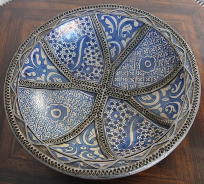 Moroccan Blue Ceramic Dish Bowl Adorned with Silver Filigree from Fez