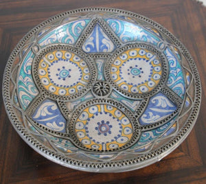 Antique Moroccan Ceramic Bowl Adorned with Moorish Silver Filigree from Fez