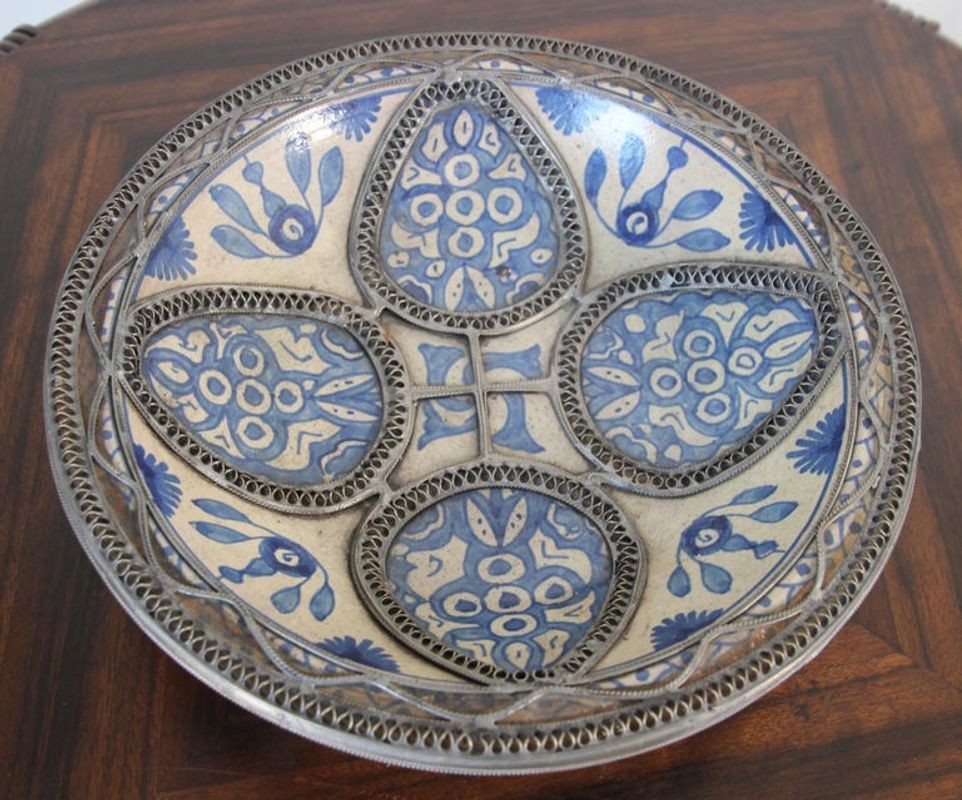 Moroccan Ceramic Blue Bowl Adorned with Silver Filigree from Fez Antique 1920s