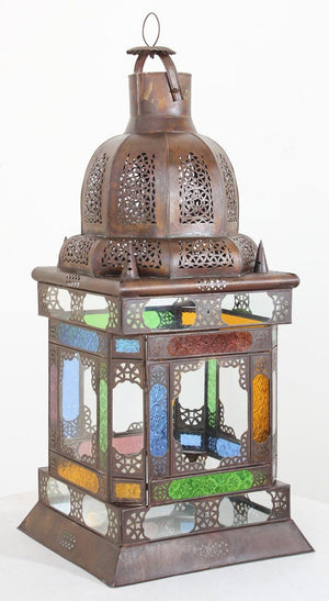 Moroccan Moorish Metal Lantern with Multicolor Glass