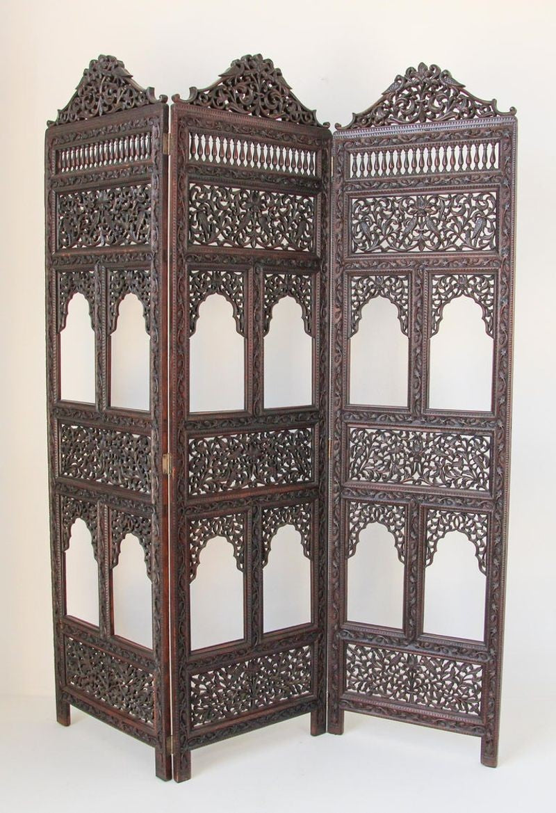 Anglo-Indian Mughal Hardwood Three-Panel Screen