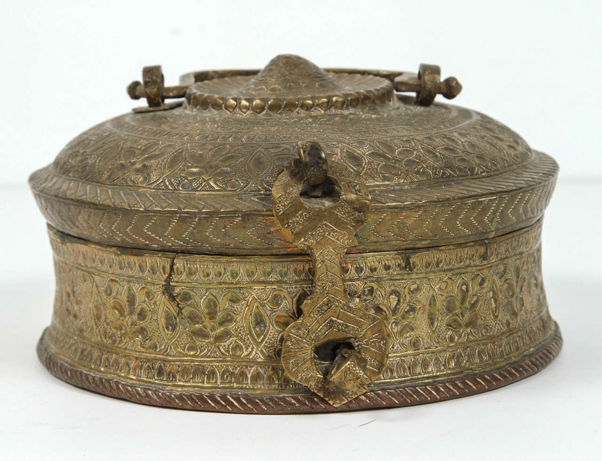 Asian Antique Brass Betel Nut Pandan Box with Lid, Northern India 19th C.