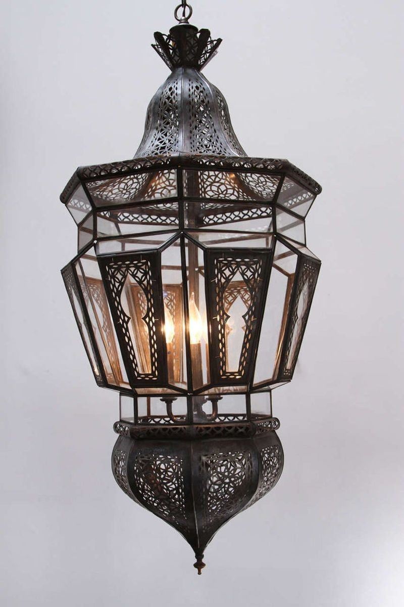 Pair of Large Moroccan Moorish Glass and Filigree Hanging Lanterns